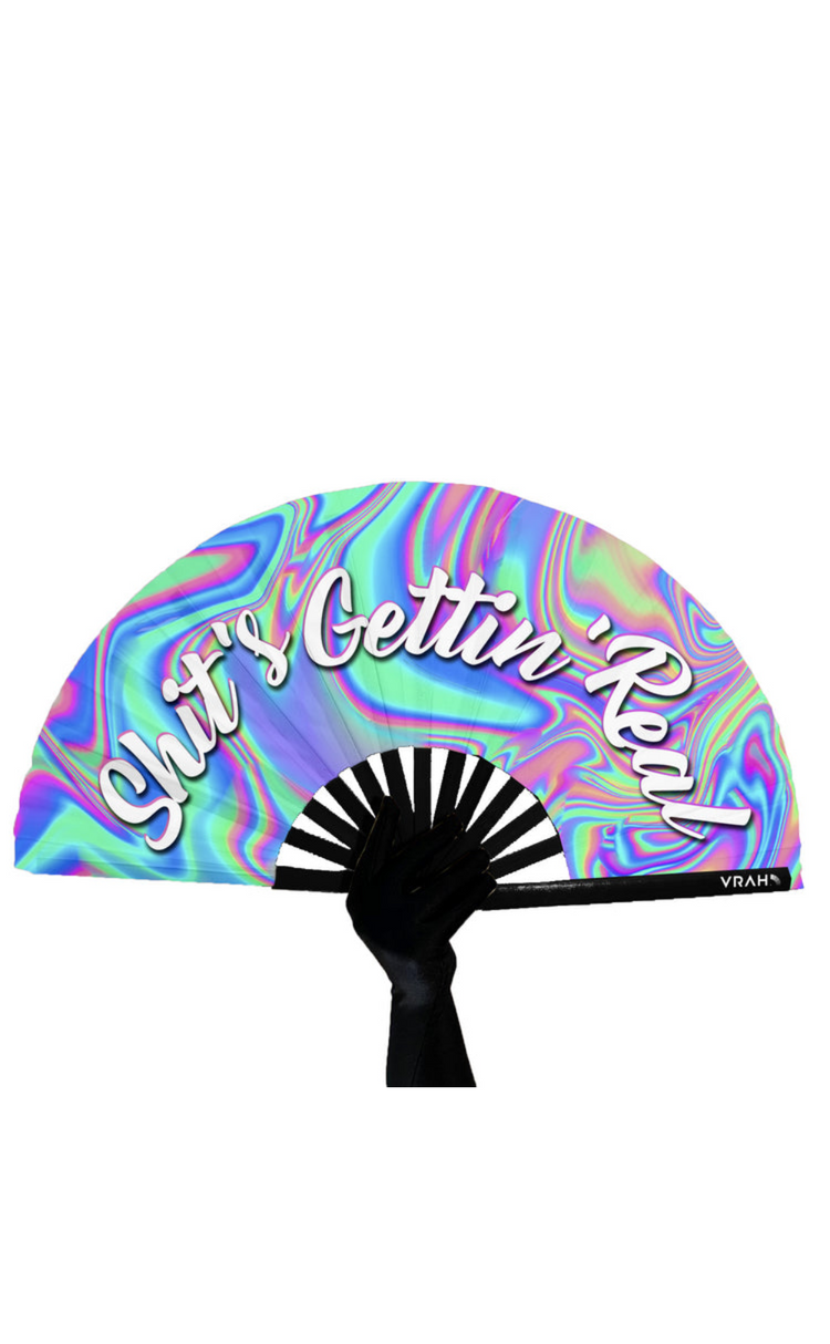 Leque de bambu, perfeito para rave, brilha na luz uv-a. ("Shit's Gettin' Real")